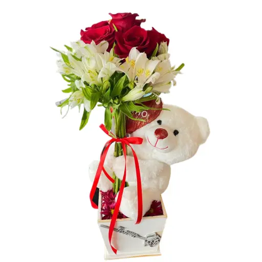 Arreglo floral rosas importadas y peluche te amo 